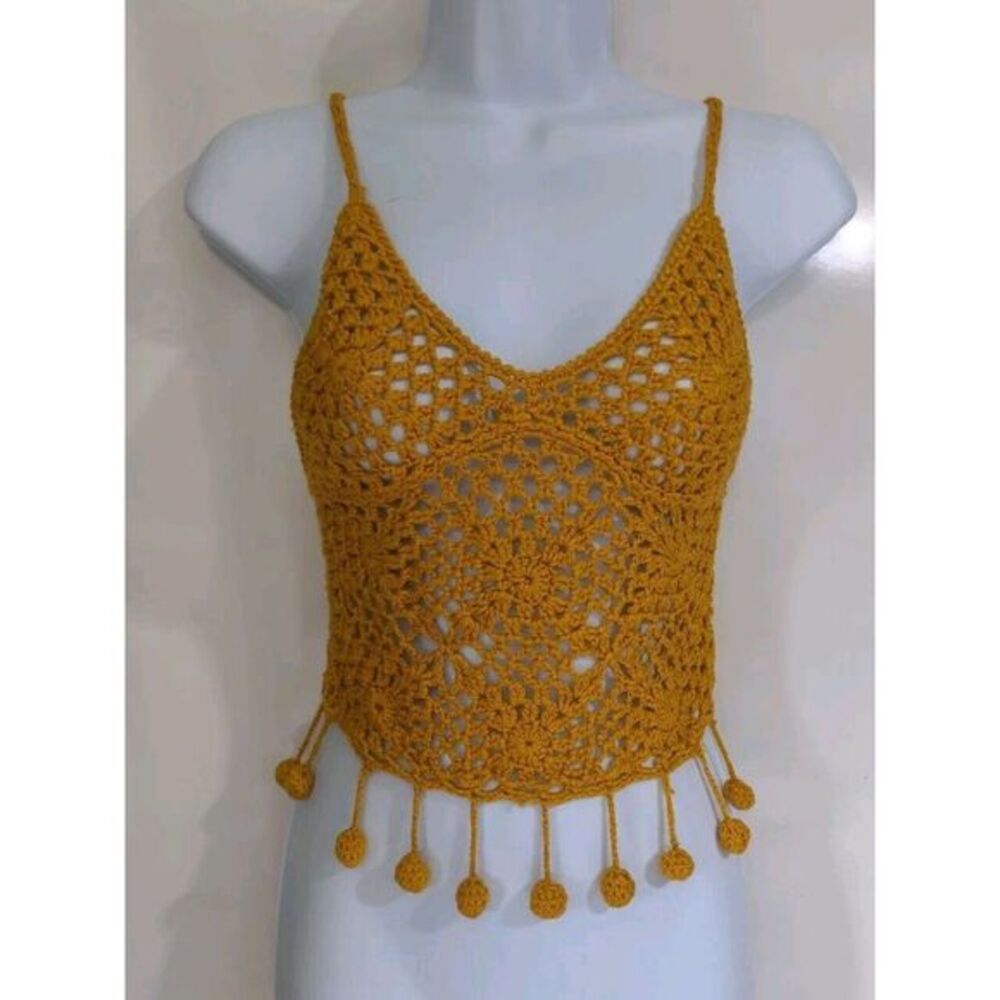 Charlotte Russ Crochet Tank Top Extra Small ‎ Crop Tassel Balls  Yellow Mustard